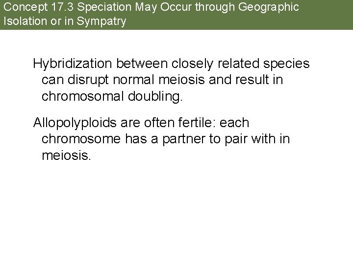 Concept 17. 3 Speciation May Occur through Geographic Isolation or in Sympatry Hybridization between