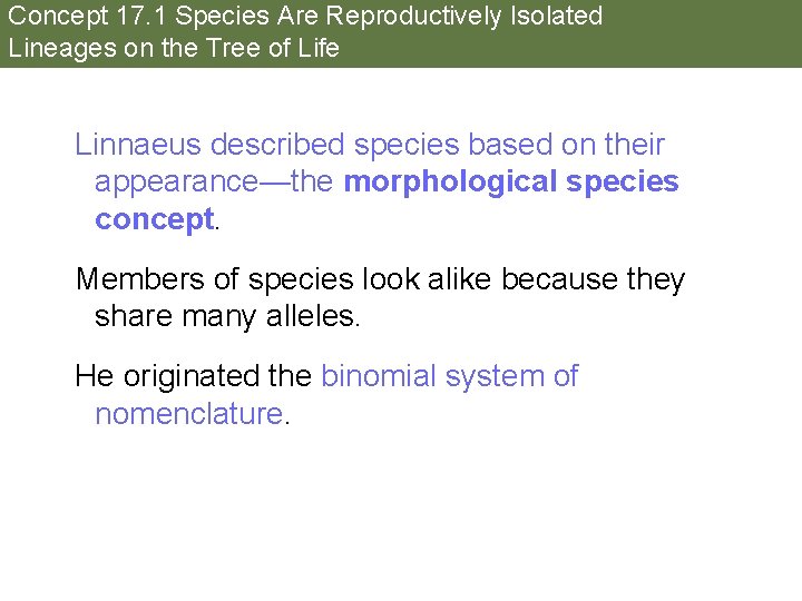 Concept 17. 1 Species Are Reproductively Isolated Lineages on the Tree of Life Linnaeus