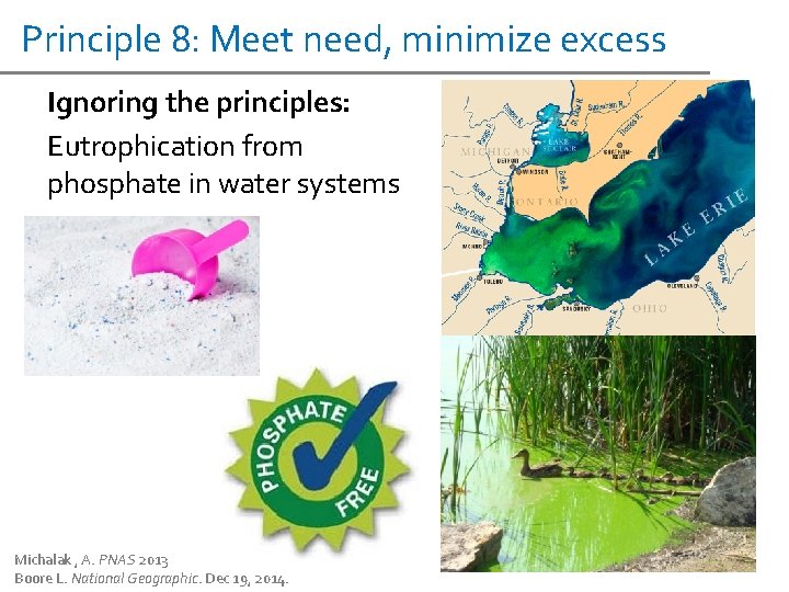 Principle 8: Meet need, minimize excess Ignoring the principles: Eutrophication from phosphate in water