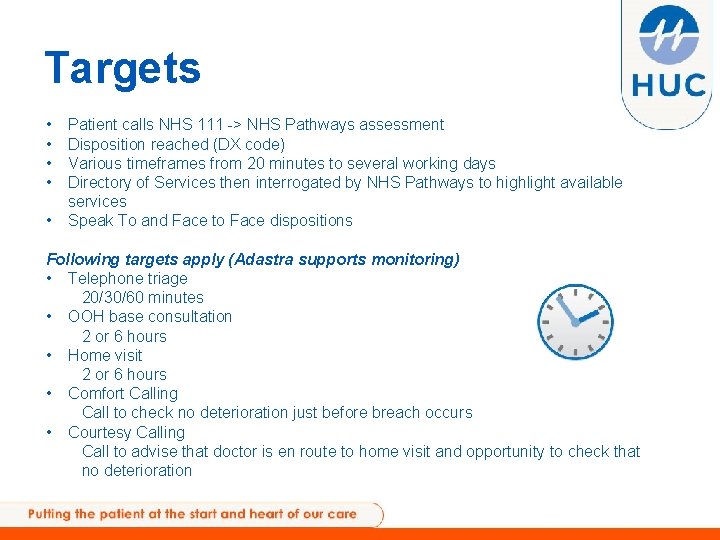Targets • • • Patient calls NHS 111 -> NHS Pathways assessment Disposition reached