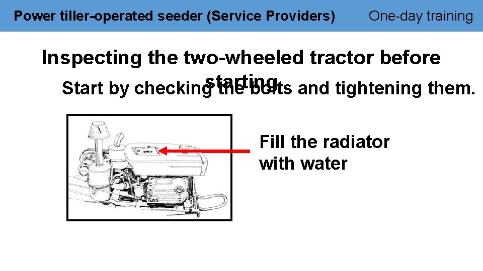 Power tiller-operated seeder (Service Providers) One-day training Inspecting the two-wheeled tractor before Start by