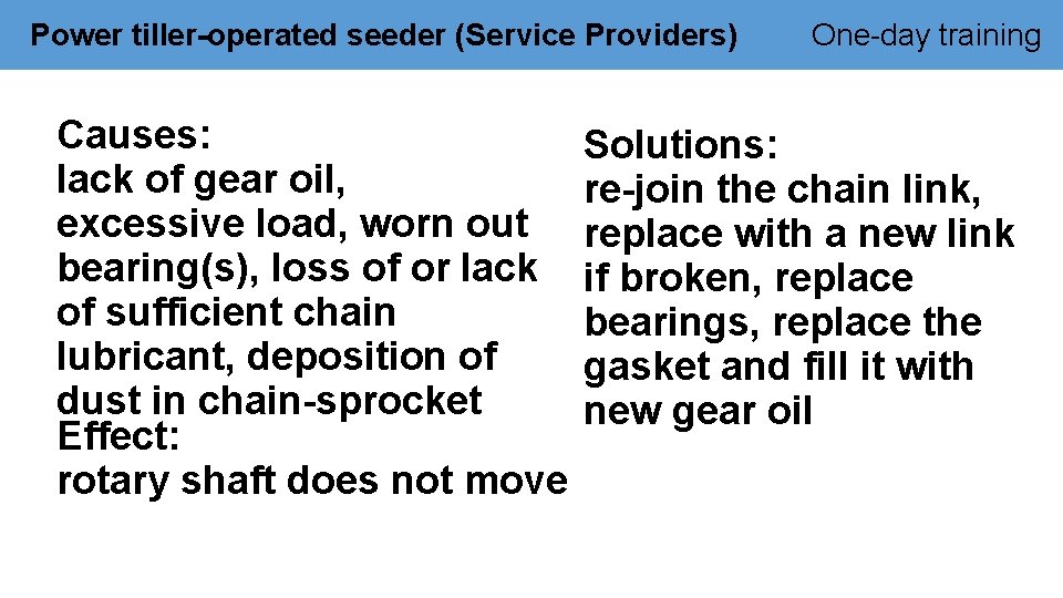 Power tiller-operated seeder (Service Providers) Causes: lack of gear oil, excessive load, worn out