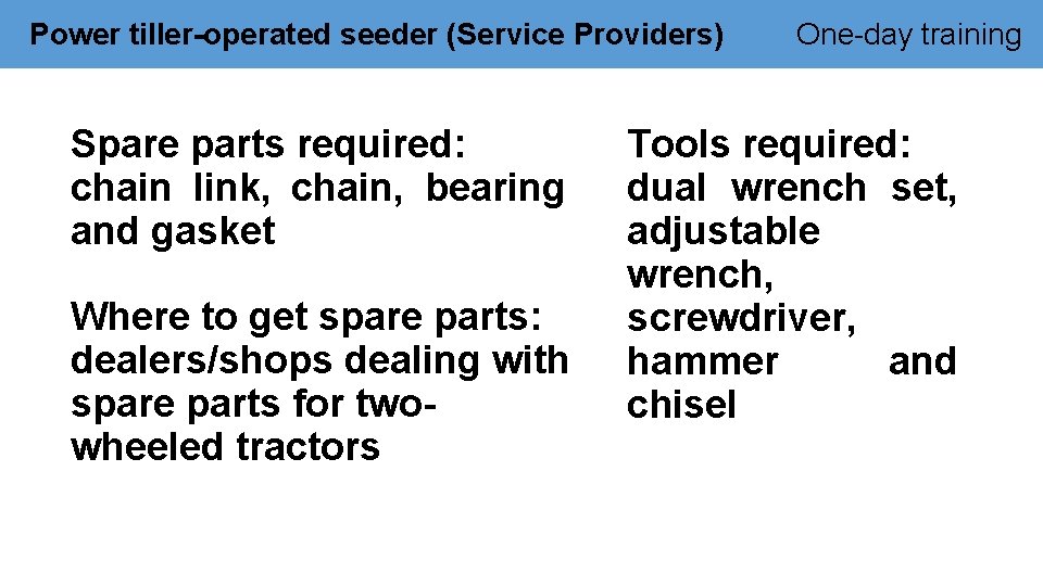 Power tiller-operated seeder (Service Providers) Spare parts required: chain link, chain, bearing and gasket