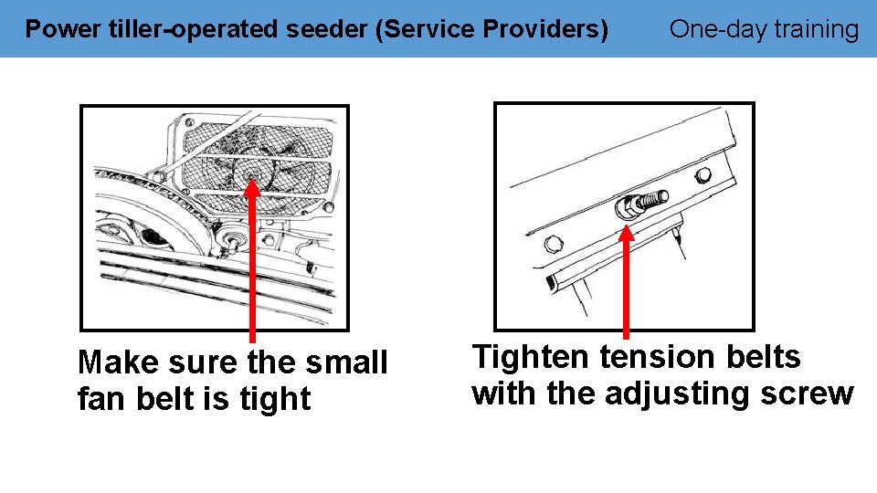 Power tiller-operated seeder (Service Providers) Make sure the small fan belt is tight One-day