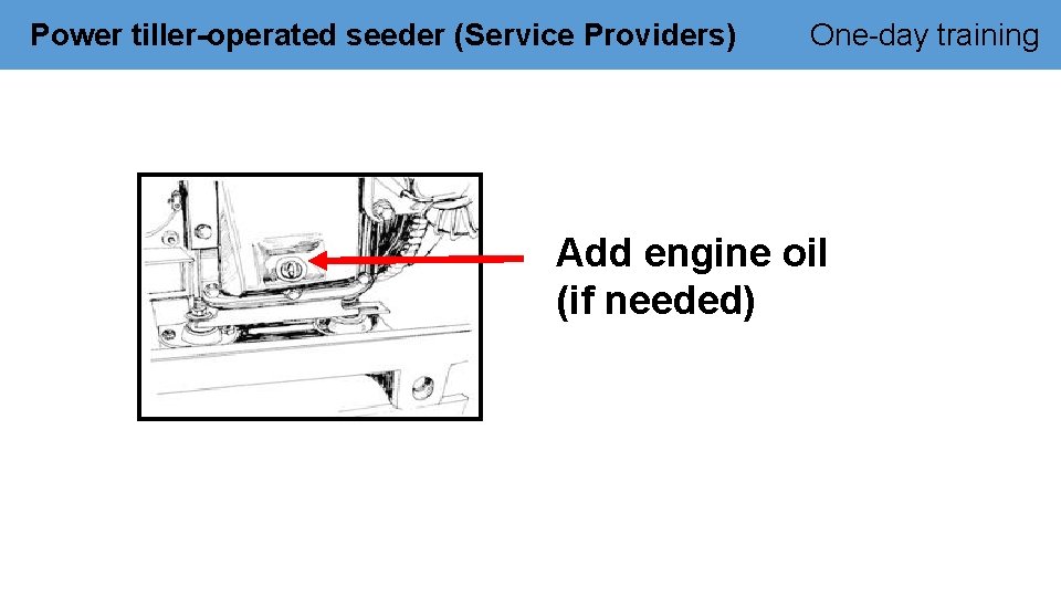 Power tiller-operated seeder (Service Providers) One-day training Add engine oil (if needed) 