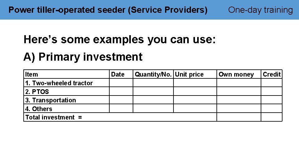 Power tiller-operated seeder (Service Providers) One-day training Here’s some examples you can use: A)