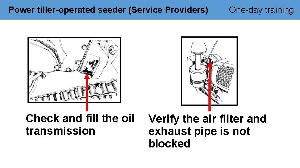 Power tiller-operated seeder (Service Providers) Check and fill the oil transmission One-day training Verify