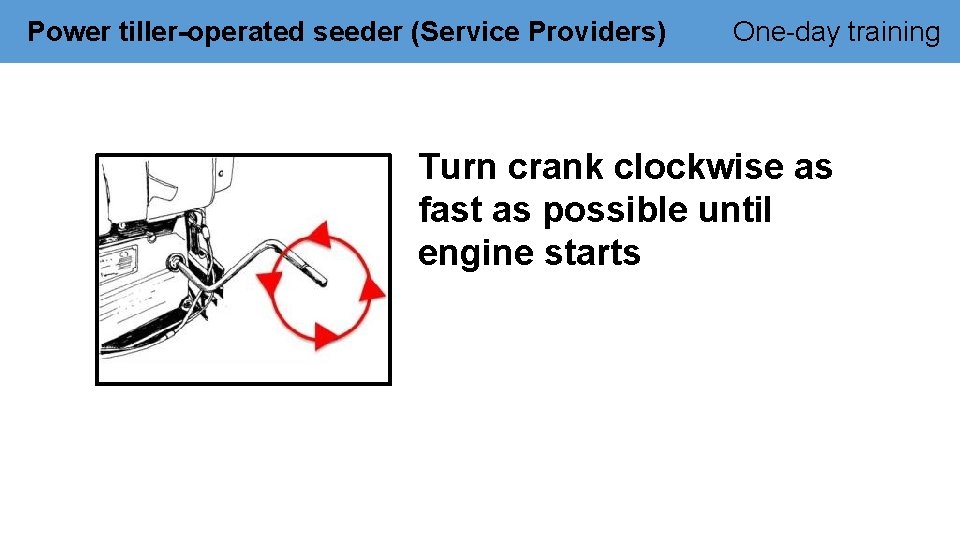 Power tiller-operated seeder (Service Providers) One-day training Turn crank clockwise as fast as possible