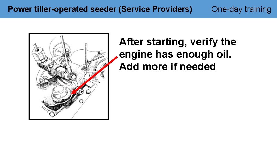 Power tiller-operated seeder (Service Providers) One-day training After starting, verify the engine has enough
