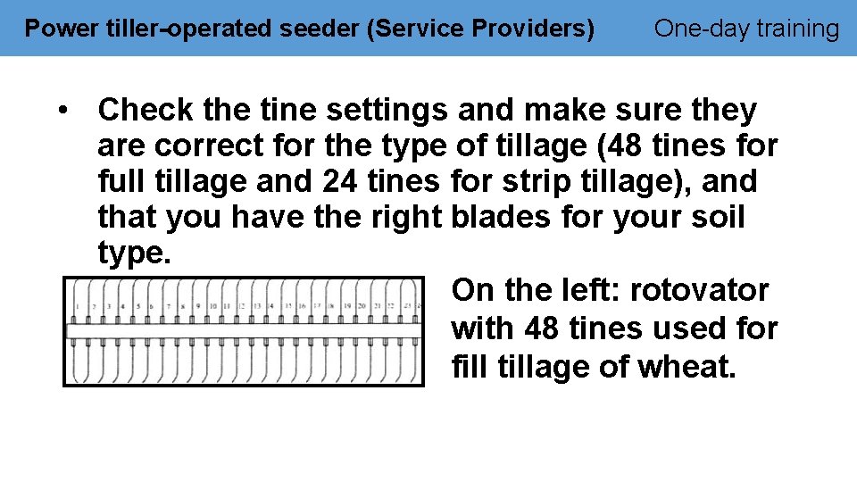 Power tiller-operated seeder (Service Providers) One-day training • Check the tine settings and make