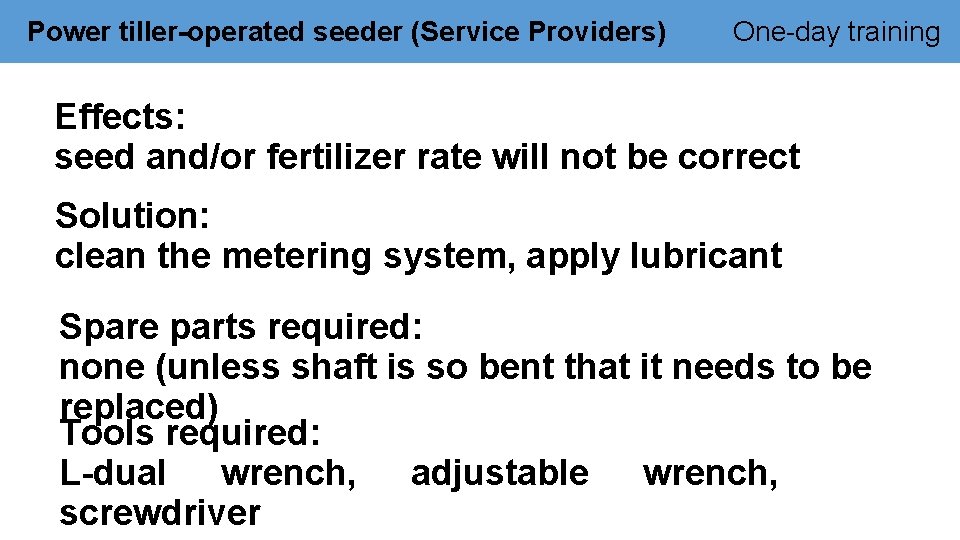 Power tiller-operated seeder (Service Providers) One-day training Effects: seed and/or fertilizer rate will not