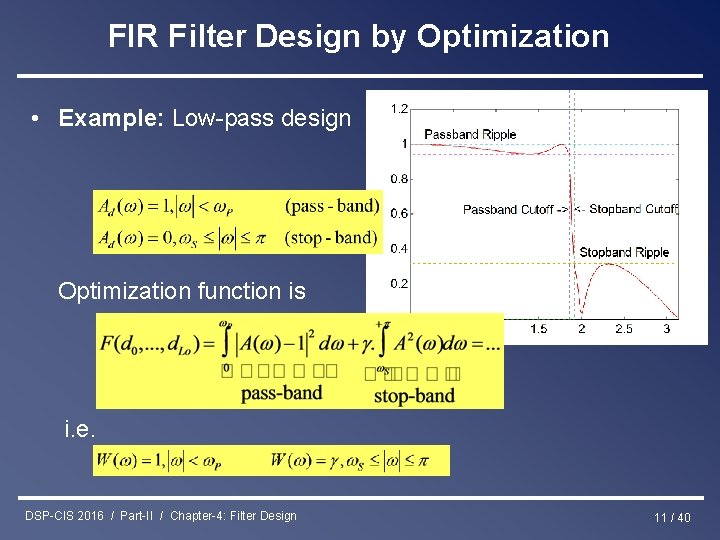 FIR Filter Design by Optimization • Example: Low-pass design Optimization function is i. e.