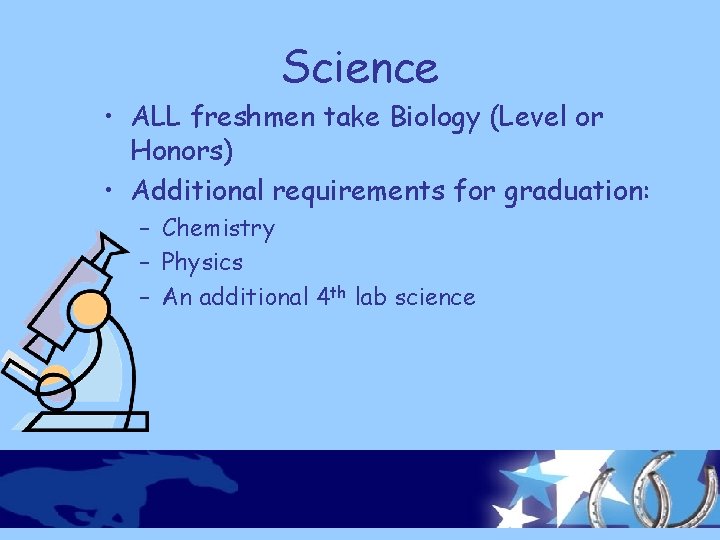 Science • ALL freshmen take Biology (Level or Honors) • Additional requirements for graduation: