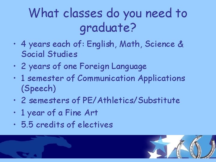 What classes do you need to graduate? • 4 years each of: English, Math,