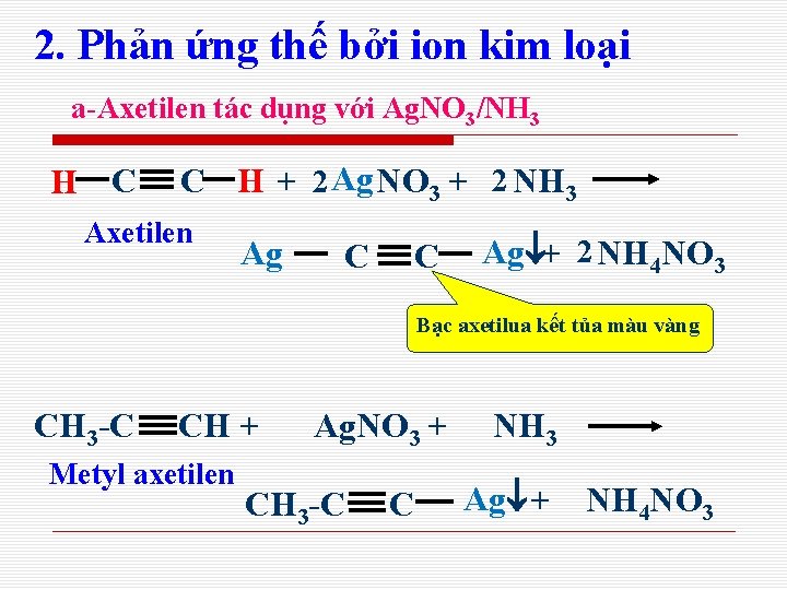 2. Phản ứng thế bởi ion kim loại a-Axetilen tác dụng với Ag. NO