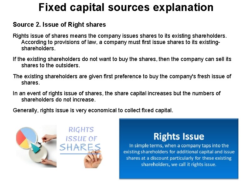 Fixed capital sources explanation Source 2. Issue of Right shares Rights issue of shares
