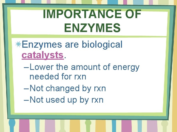 IMPORTANCE OF ENZYMES Enzymes are biological catalysts. – Lower the amount of energy needed
