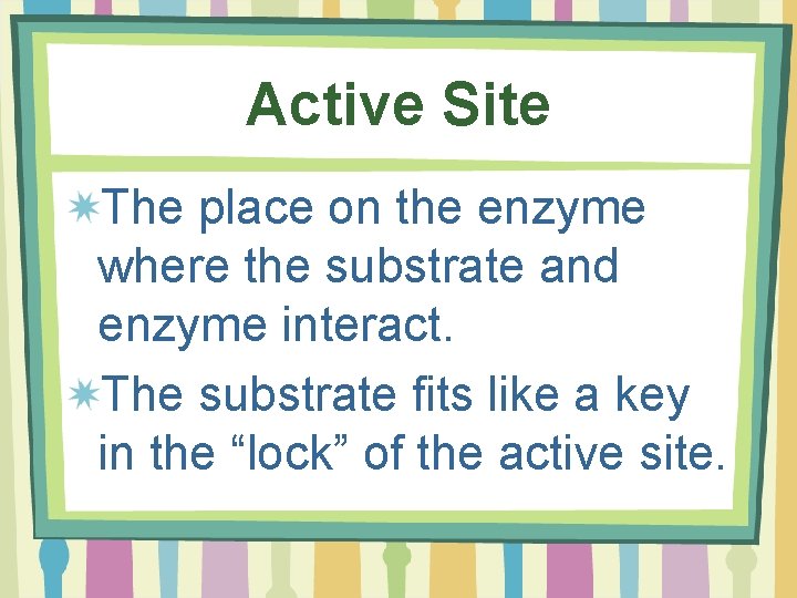 Active Site The place on the enzyme where the substrate and enzyme interact. The