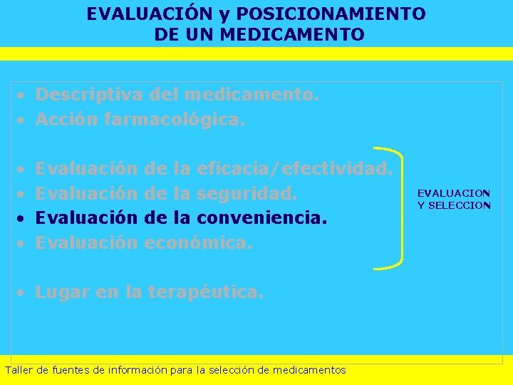 EVALUACIÓN y POSICIONAMIENTO DE UN MEDICAMENTO • Descriptiva del medicamento. • Acción farmacológica. •