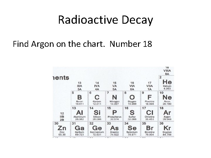 Radioactive Decay Find Argon on the chart. Number 18 