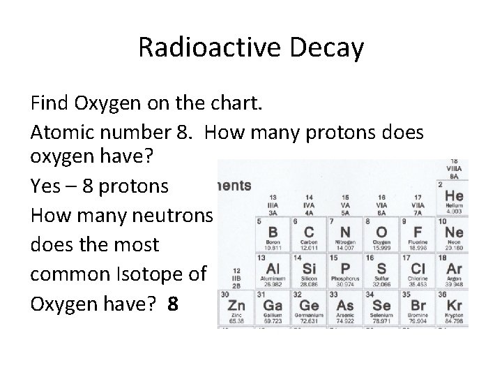 Radioactive Decay Find Oxygen on the chart. Atomic number 8. How many protons does
