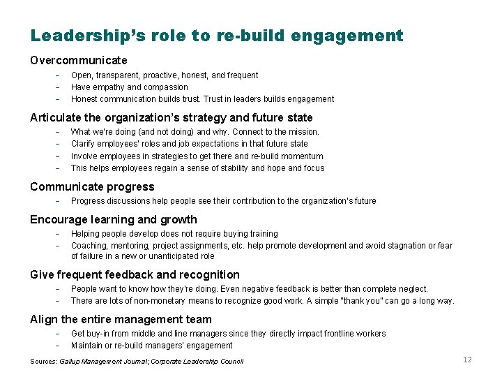 Leadership’s role to re-build engagement Overcommunicate Open, transparent, proactive, honest, and frequent Have empathy Leadership’s role to re-build engagement Overcommunicate Open, transparent, proactive, honest, and frequent Have empathy