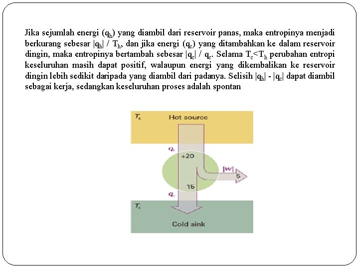 Jika sejumlah energi (qh) yang diambil dari reservoir panas, maka entropinya menjadi berkurang sebesar