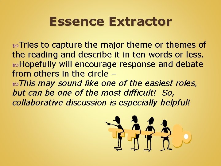 Essence Extractor Tries to capture the major themes of the reading and describe it Essence Extractor Tries to capture the major themes of the reading and describe it
