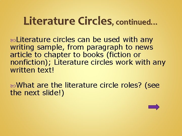 Literature Circles, continued… Literature circles can be used with any writing sample, from paragraph Literature Circles, continued… Literature circles can be used with any writing sample, from paragraph