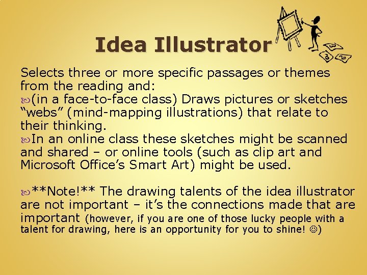 Idea Illustrator Selects three or more specific passages or themes from the reading and: Idea Illustrator Selects three or more specific passages or themes from the reading and: