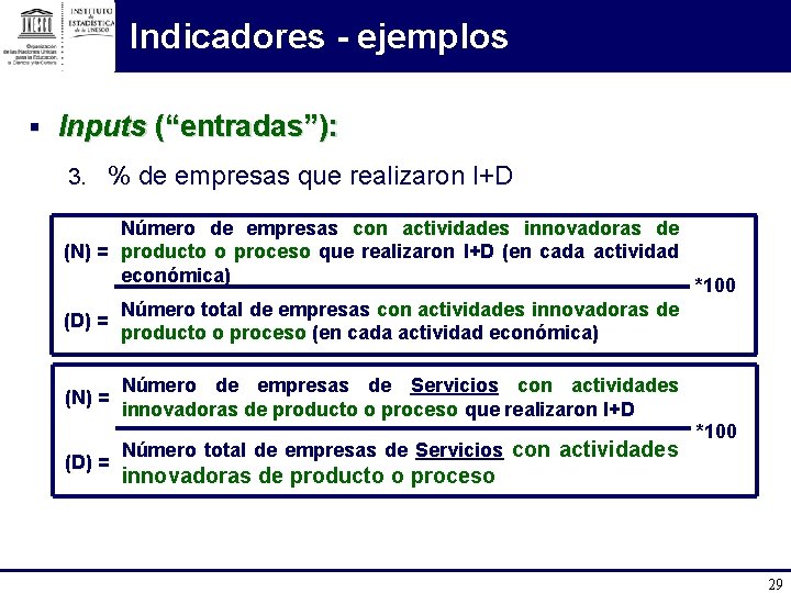 Indicadores - ejemplos § Inputs (“entradas”): 3. % de empresas que realizaron I+D Número