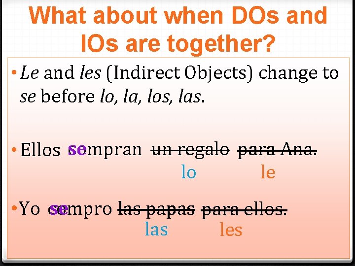 What about when DOs and IOs are together? • Le and les (Indirect Objects)