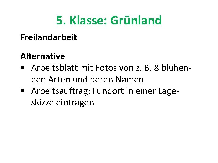 5. Klasse: Grünland Freilandarbeit Alternative § Arbeitsblatt mit Fotos von z. B. 8 blühenden