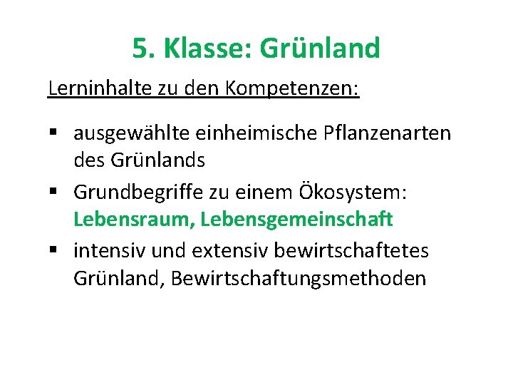 5. Klasse: Grünland Lerninhalte zu den Kompetenzen: § ausgewählte einheimische Pflanzenarten des Grünlands §