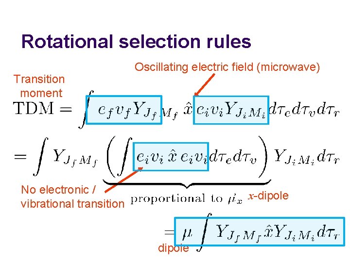 Rotational selection rules Transition moment Oscillating electric field (microwave) No electronic / vibrational transition