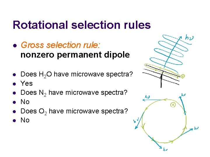 Rotational selection rules l Gross selection rule: nonzero permanent dipole l Does H 2