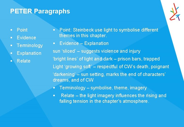 PETER Paragraphs § Point § Evidence § Point: Steinbeck use light to symbolise different
