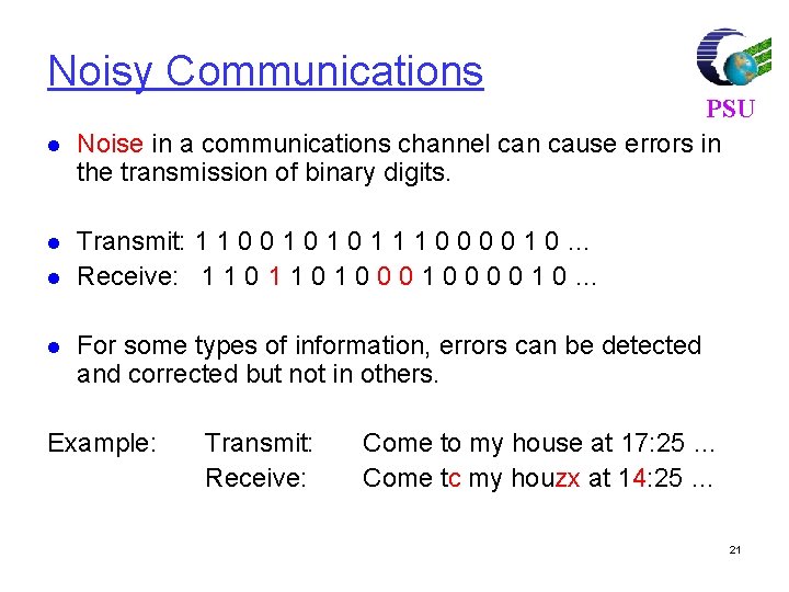 Noisy Communications l l PSU Noise in a communications channel can cause errors in