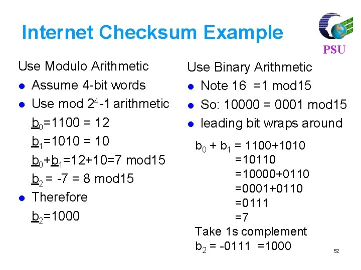 Internet Checksum Example Use Modulo Arithmetic l Assume 4 -bit words l Use mod