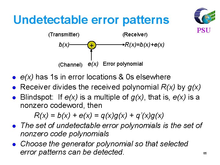 Undetectable error patterns (Transmitter) b(x) (Receiver) + PSU R(x)=b(x)+e(x) (Channel) e(x) Error polynomial l