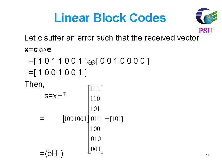 Linear Block Codes PSU Let c suffer an error such that the received vector