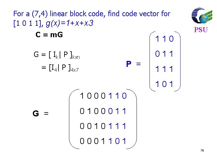 For a (7, 4) linear block code, find code vector for [1 0 1