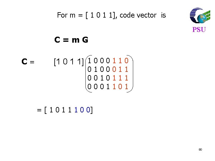 For m = [ 1 0 1 1], code vector is PSU C=m. G