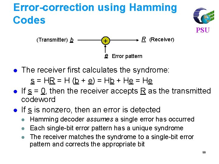 Error-correction using Hamming Codes (Transmitter) b + PSU R (Receiver) e Error pattern l