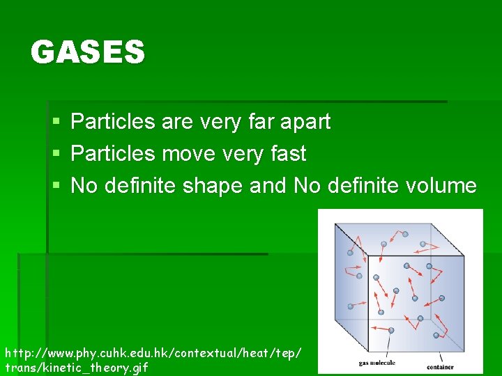 GASES § § § Particles are very far apart Particles move very fast No