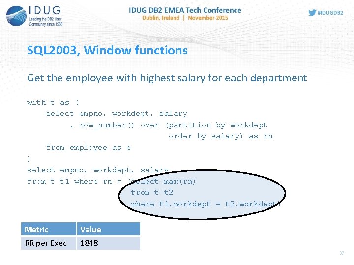 SQL 2003, Window functions Get the employee with highest salary for each department with