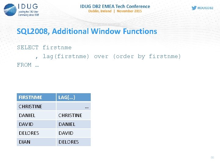 SQL 2008, Additional Window Functions SELECT firstnme , lag(firstnme) over (order by firstnme) FROM