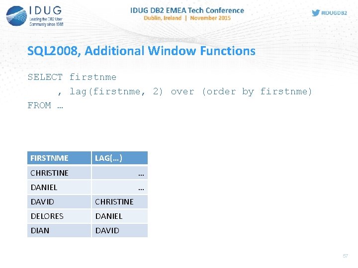 SQL 2008, Additional Window Functions SELECT firstnme , lag(firstnme, 2) over (order by firstnme)