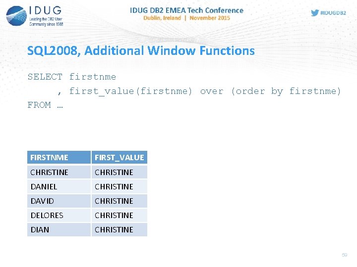 SQL 2008, Additional Window Functions SELECT firstnme , first_value(firstnme) over (order by firstnme) FROM