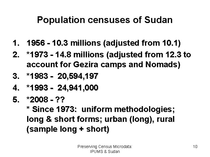 Population censuses of Sudan 1. 1956 - 10. 3 millions (adjusted from 10. 1)
